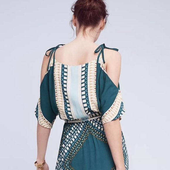 FLOREAT Anthropologie Teal Cold Shoulder Tribal Print Dress Elastic Waist 10P - Picture 3 of 7